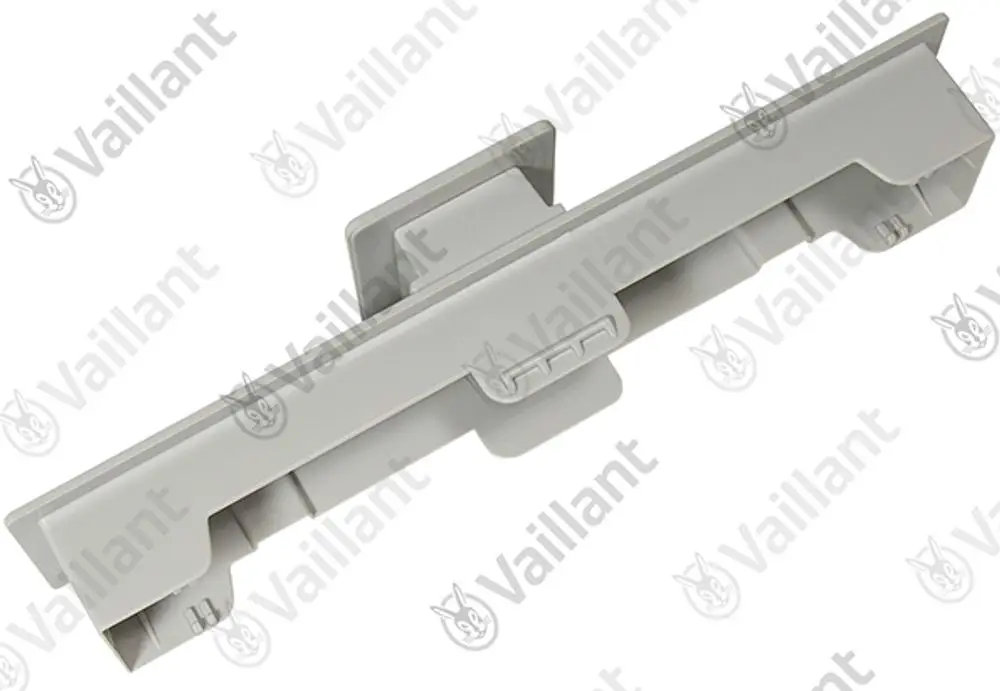 Grauer Griff von Vaillant für einen Luftfilter, mit Halterung und Aussparungen. Geeignet für spezifische Modelle zur einfachen Handhabung und Wartung.